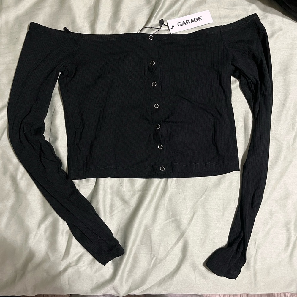 Garage Black Button-Down Off-Shoulder Top